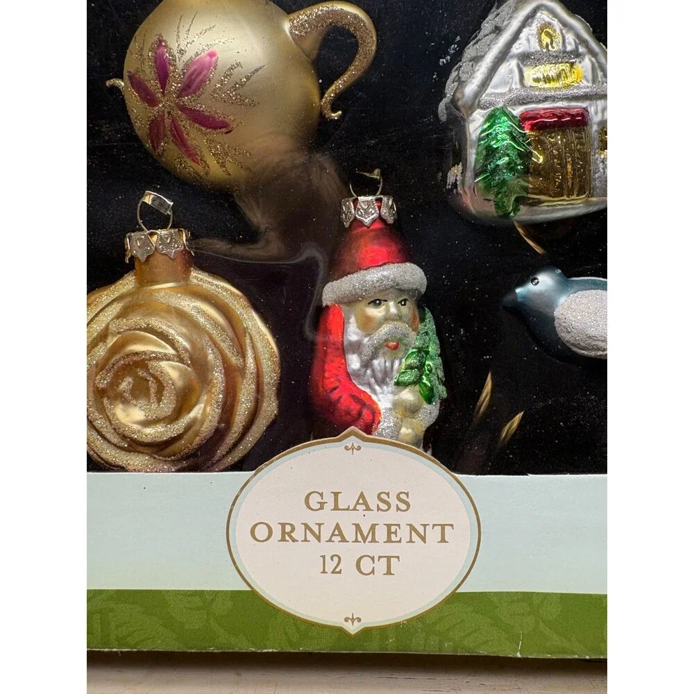 Vtg 2002 Wedding Gift Set Of 12 Blown Glass Christmas Tree Ornaments NIB